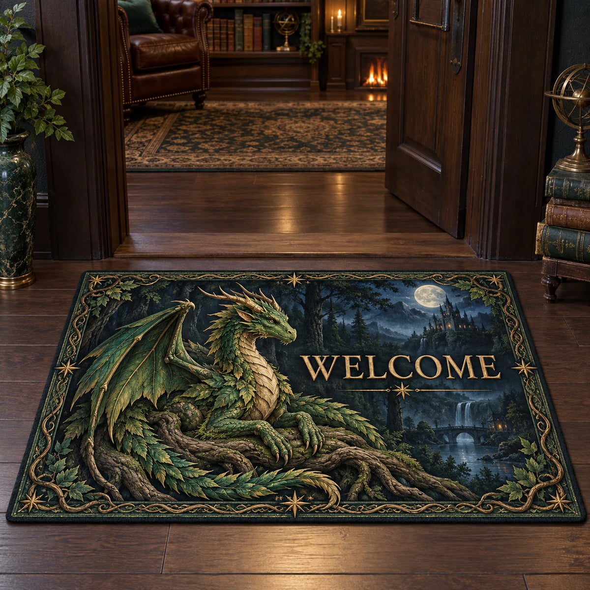 Emerald forest dragon doormat with root throne and printed fantasy depth