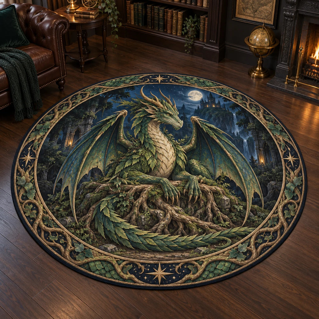 Emerald forest dragon round mat rug with root throne and printed fantasy depth