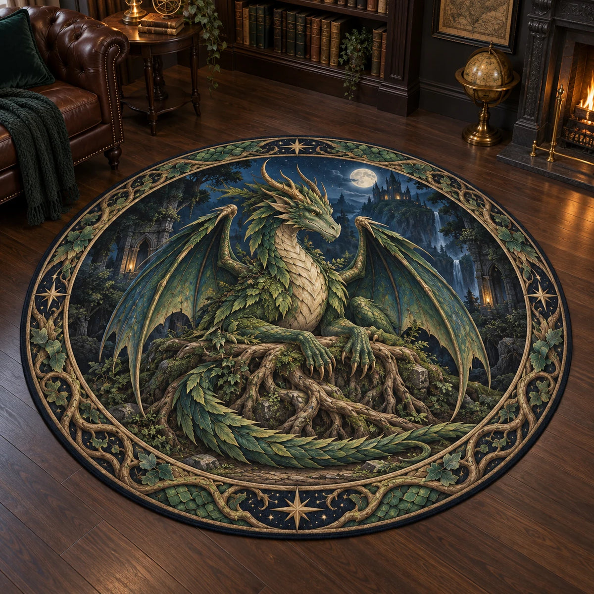 Emerald forest dragon round mat rug with root throne and printed fantasy depth