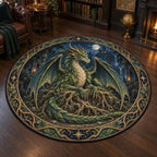 Emerald forest dragon round mat rug with root throne and printed fantasy depth