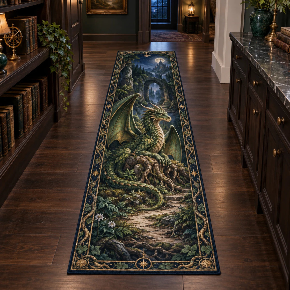 Emerald forest dragon runner rug with root throne and printed fantasy depth