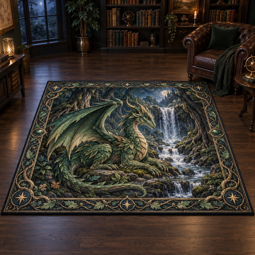 Forest Dragon Hidden Waterfall Area Rug with an emerald leaf-scaled dragon beside a waterfall, matching root border and dark-wood study setting.