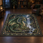 Forest Dragon Hidden Waterfall Area Rug with an emerald leaf-scaled dragon beside a waterfall, matching root border and dark-wood study setting.