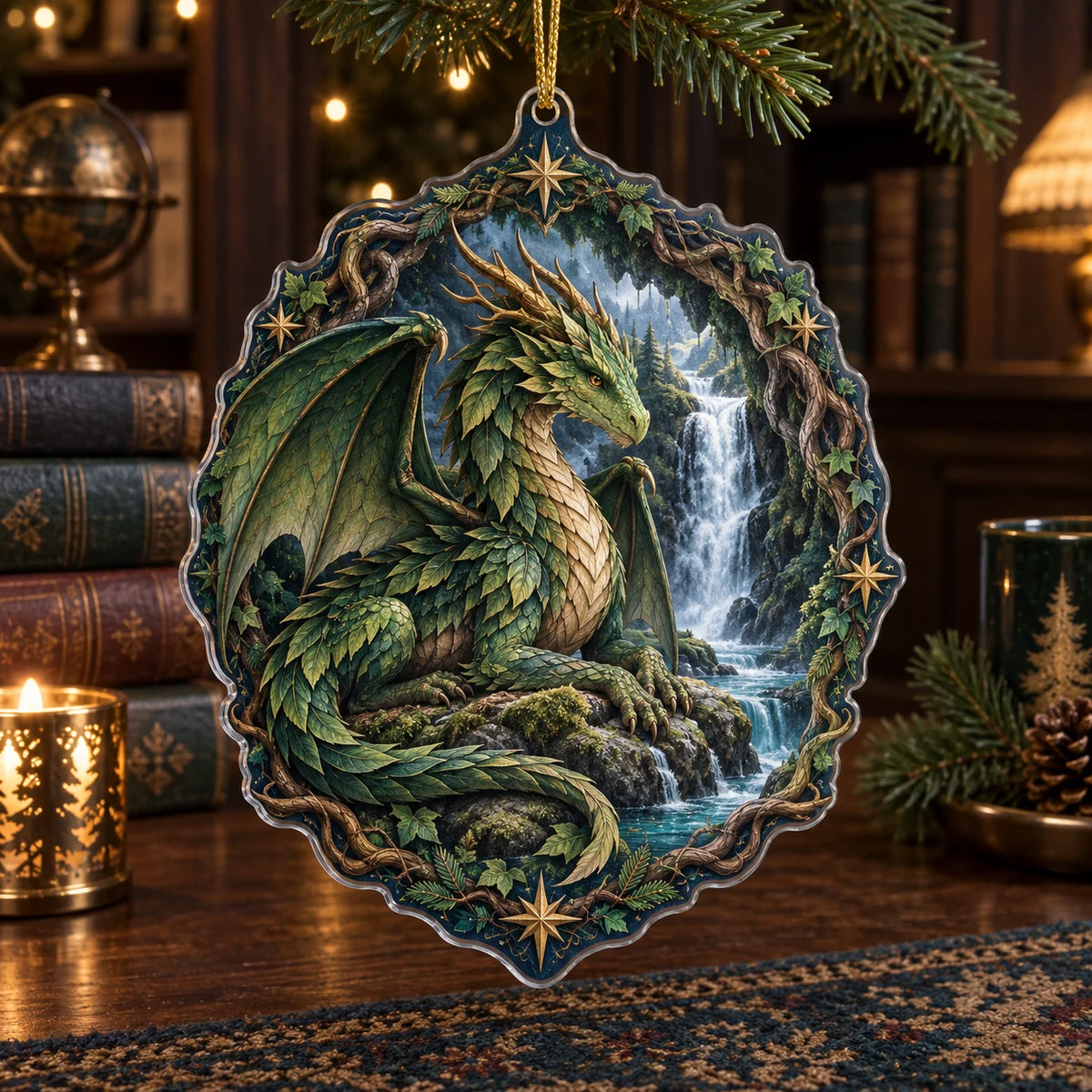 Forest Dragon Hidden Waterfall Christmas Ornament with an emerald leaf-scaled dragon beside a waterfall, matching root border and dark-wood study setting.