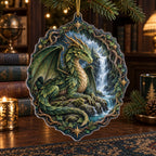 Forest Dragon Hidden Waterfall Christmas Ornament with an emerald leaf-scaled dragon beside a waterfall, matching root border and dark-wood study setting.