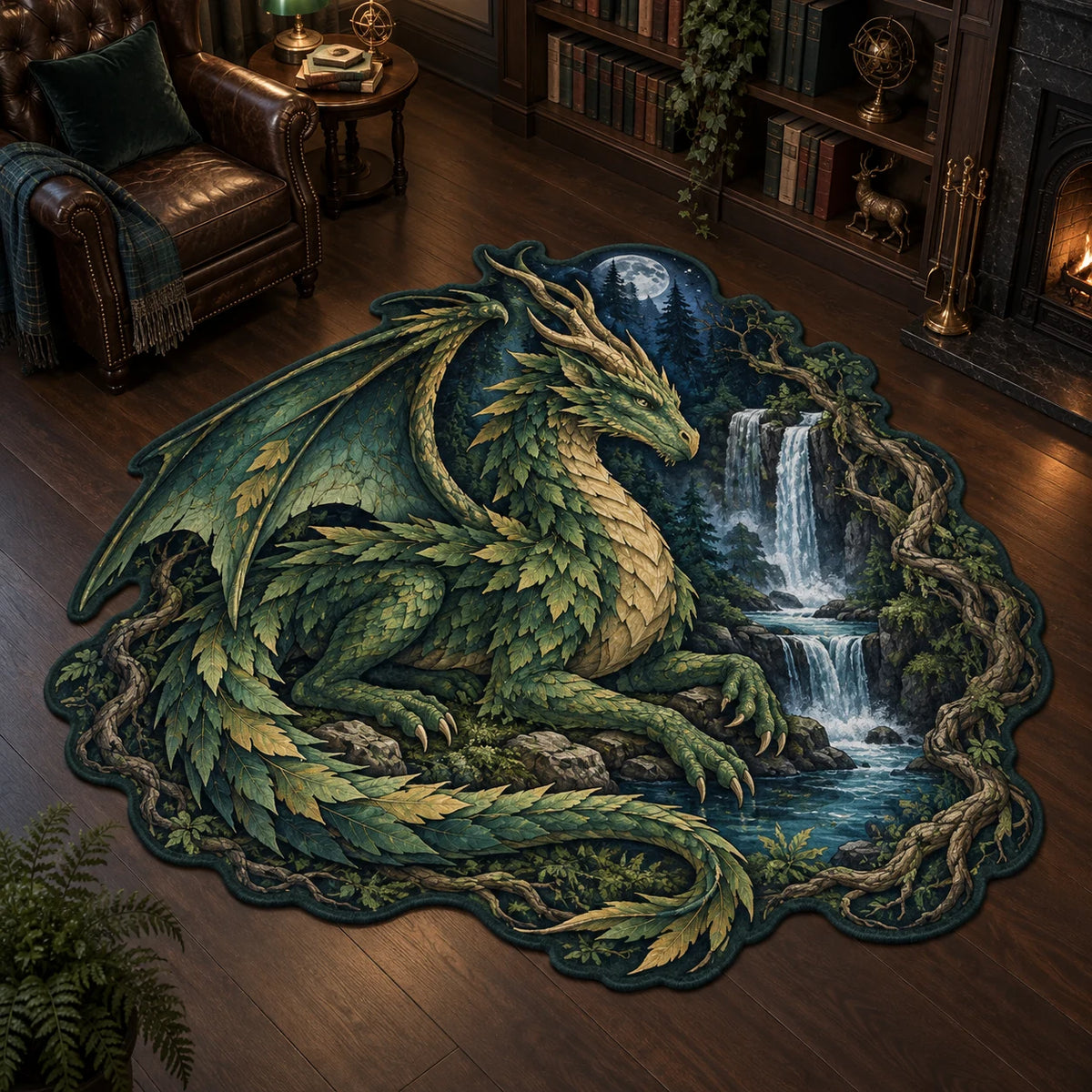 Forest Dragon Hidden Waterfall Custom Shape Area Rug with an emerald dragon, waterfall and root-framed printed depth in a dark-wood study.