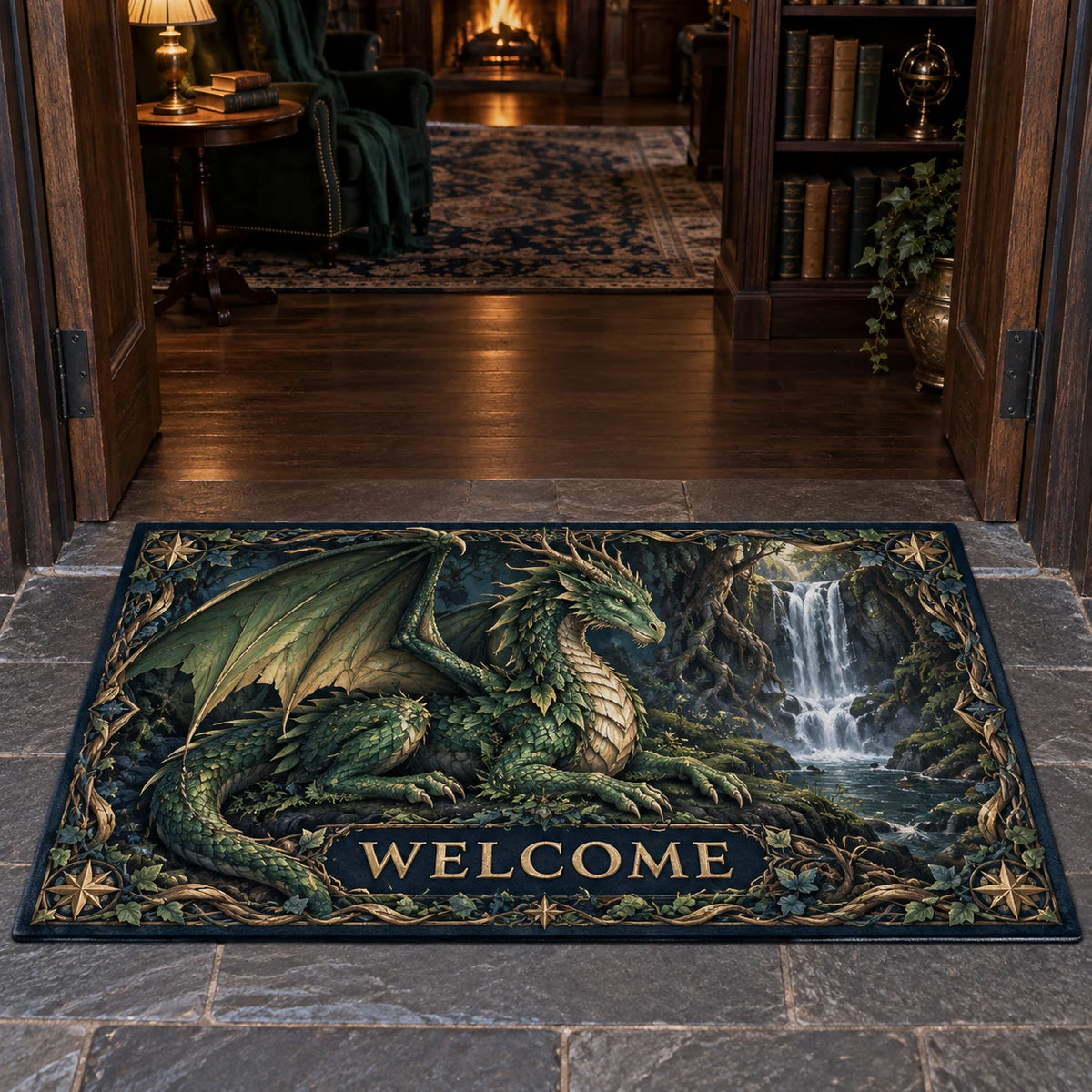 Forest Dragon Hidden Waterfall Doormat with an emerald dragon, waterfall and root-framed printed depth in a dark-wood study.