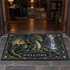 Forest Dragon Hidden Waterfall Doormat with an emerald dragon, waterfall and root-framed printed depth in a dark-wood study.