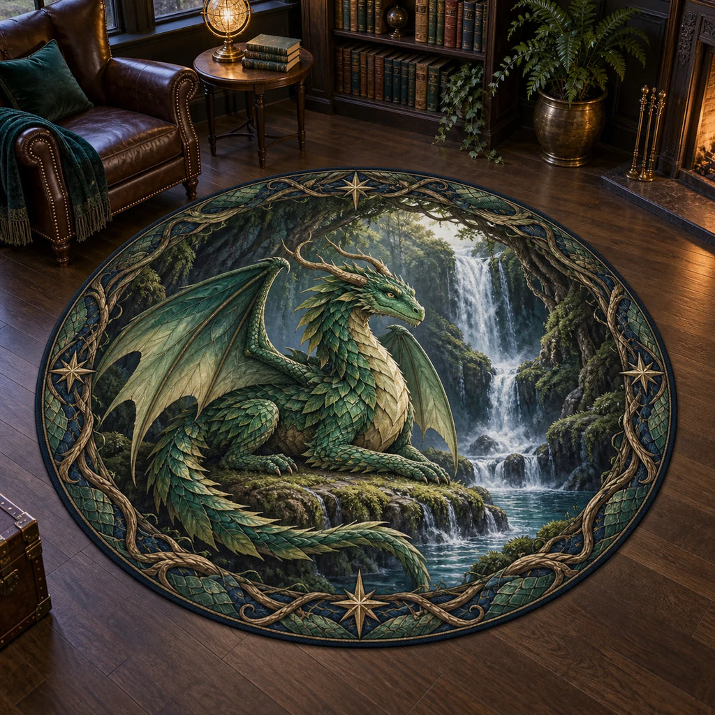 Forest Dragon Hidden Waterfall Round Mat Rug with an emerald leaf-scaled dragon beside a waterfall, matching root border and dark-wood study setting.