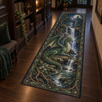 Forest Dragon Hidden Waterfall Runner Rug with an emerald leaf-scaled dragon beside a waterfall, matching root border and dark-wood study setting.