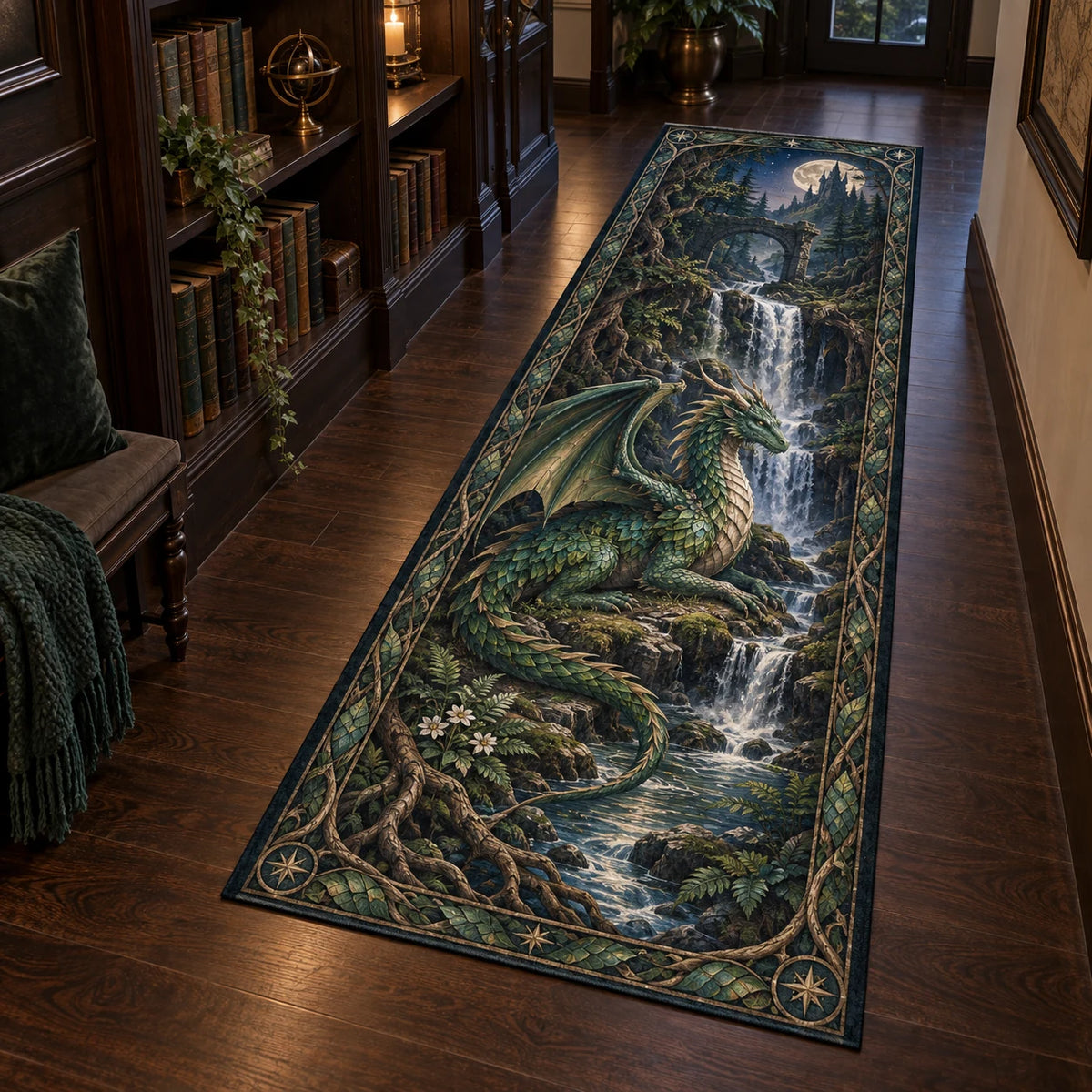 Forest Dragon Hidden Waterfall Runner Rug with an emerald leaf-scaled dragon beside a waterfall, matching root border and dark-wood study setting.