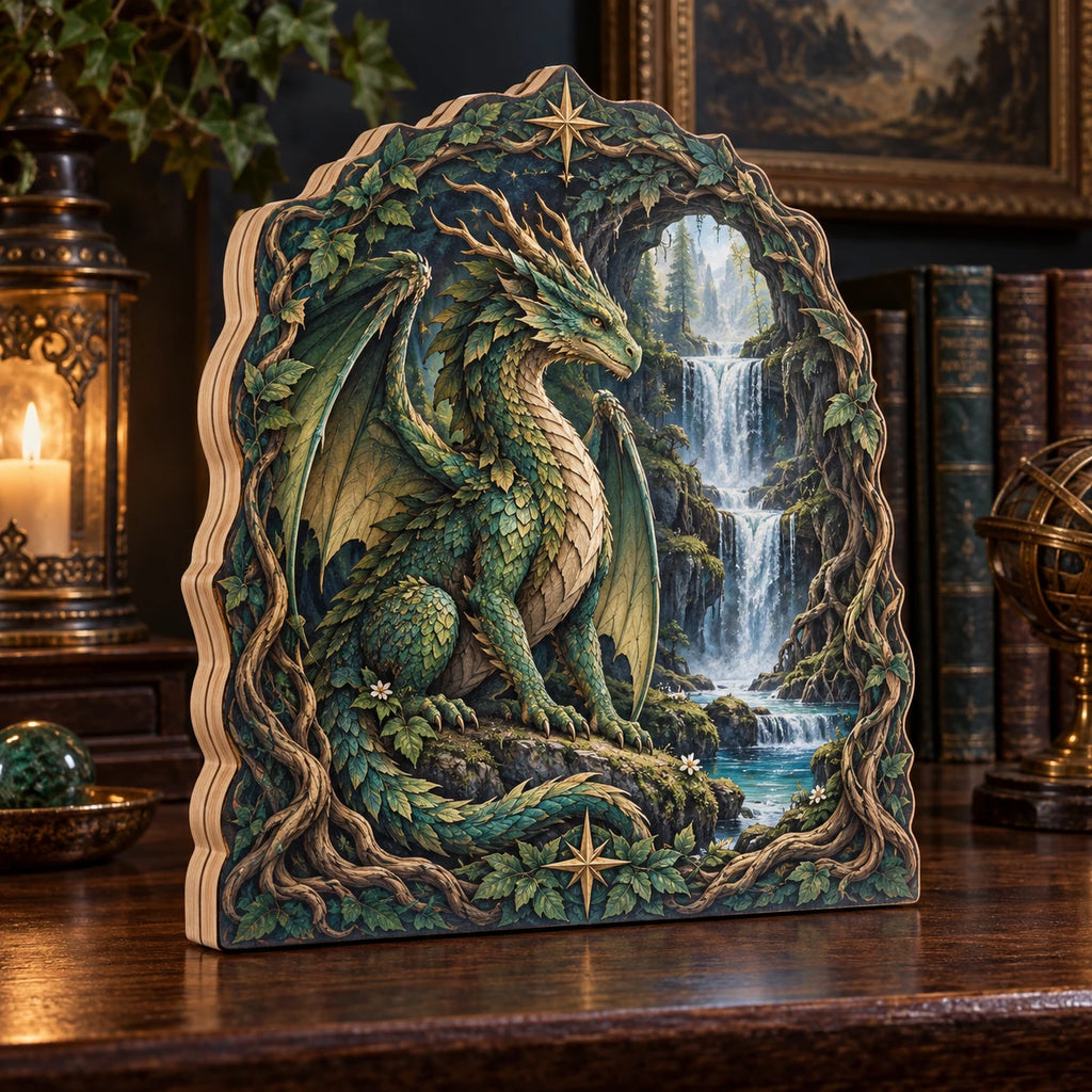 Forest Dragon Hidden Waterfall Wooden Block 3 Layer with an emerald dragon, waterfall and root-framed printed depth in a dark-wood study.