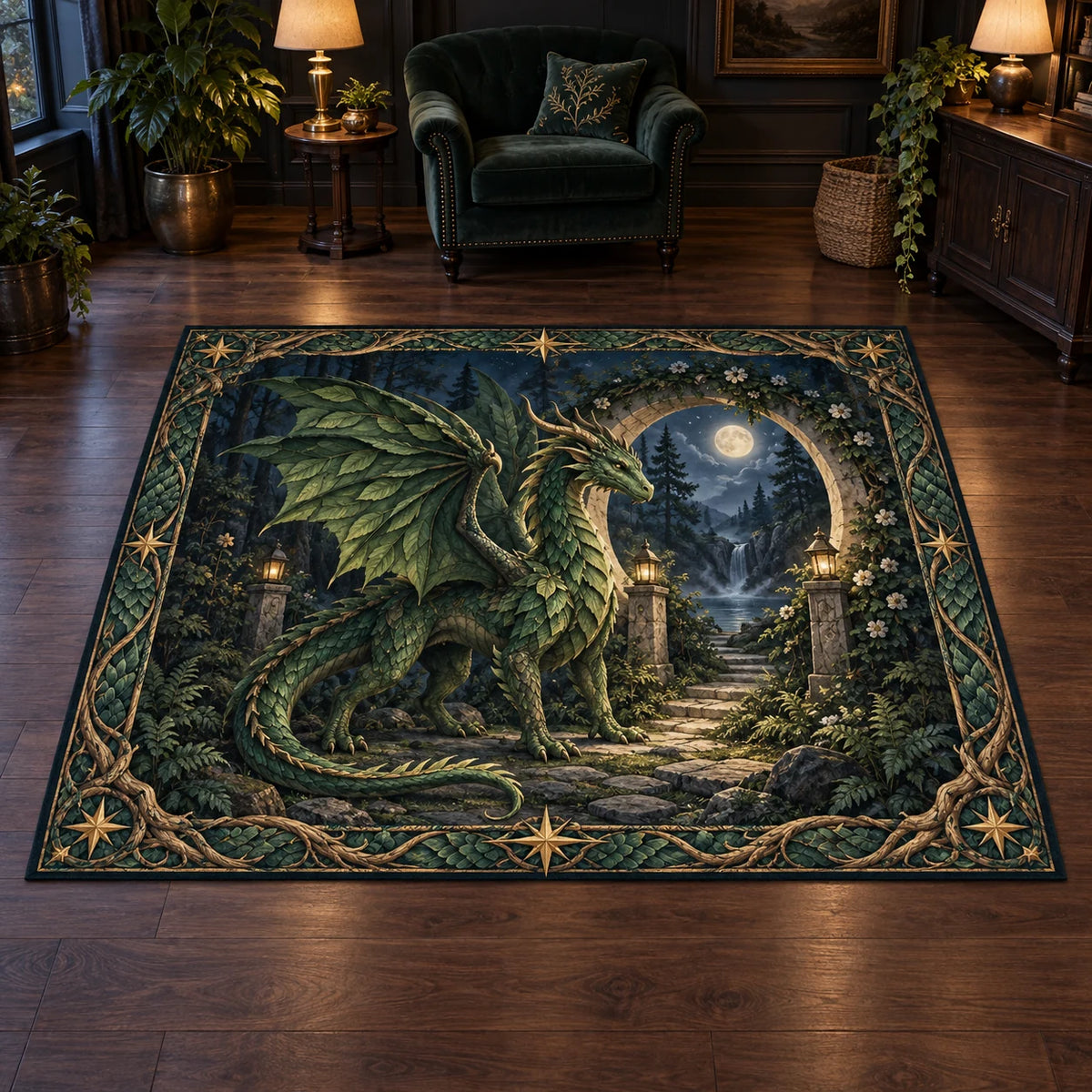 Emerald forest dragon and crescent stone gateway printed on a area rug with a matching leafy border.