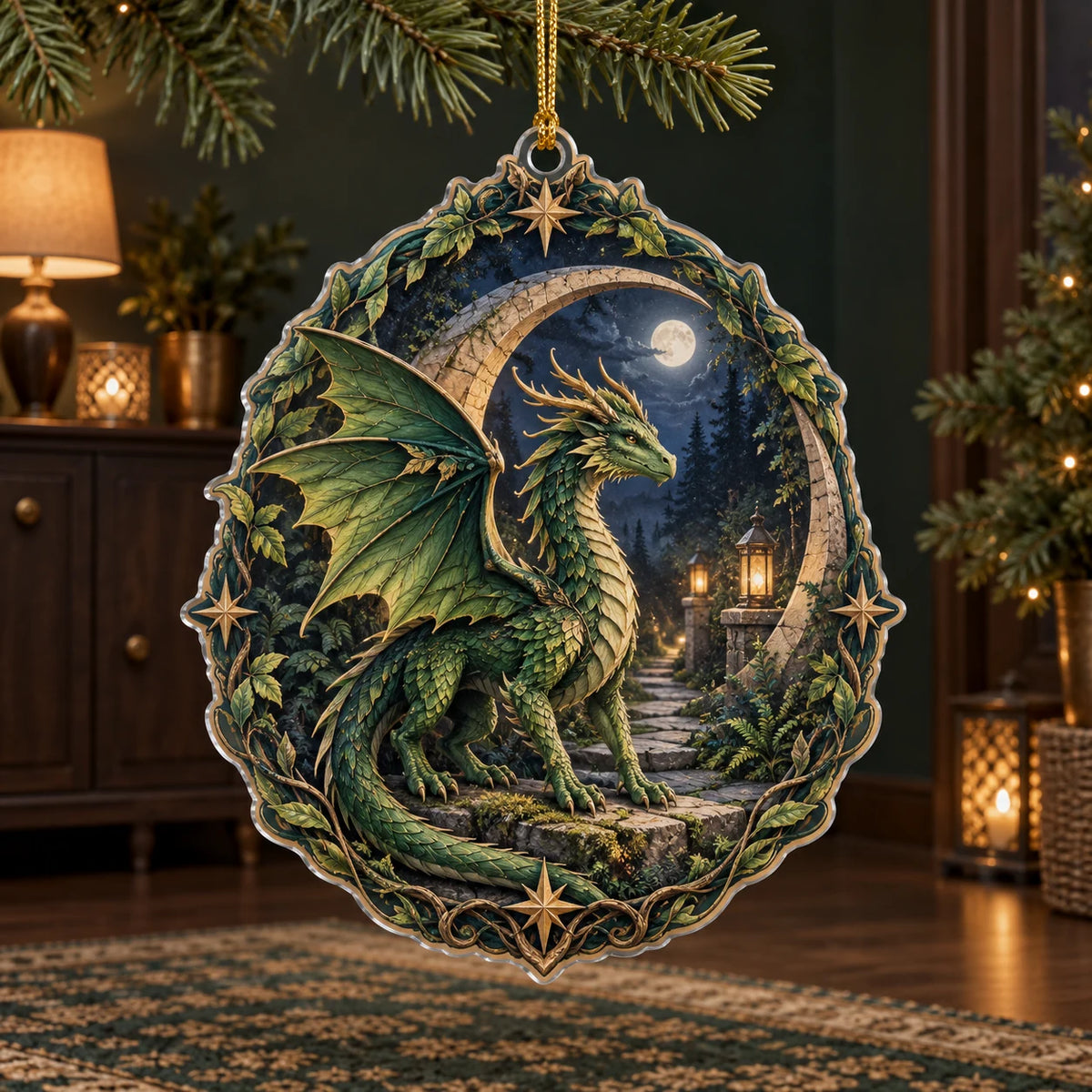 Emerald forest dragon and crescent stone gateway printed on a christmas ornament with a matching leafy border.