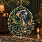 Emerald forest dragon and crescent stone gateway printed on a christmas ornament with a matching leafy border.
