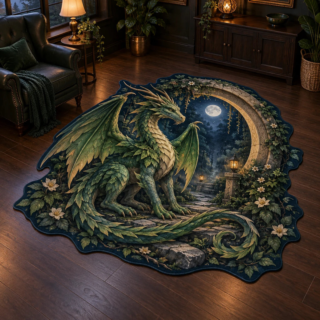 Emerald forest dragon and crescent stone gateway printed on a custom shape area rug with a matching leafy border.