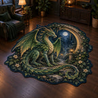 Emerald forest dragon and crescent stone gateway printed on a custom shape area rug with a matching leafy border.