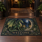 Emerald forest dragon and crescent stone gateway printed on a doormat with a matching leafy border.