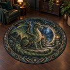 Emerald forest dragon and crescent stone gateway printed on a round mat rug with a matching leafy border.