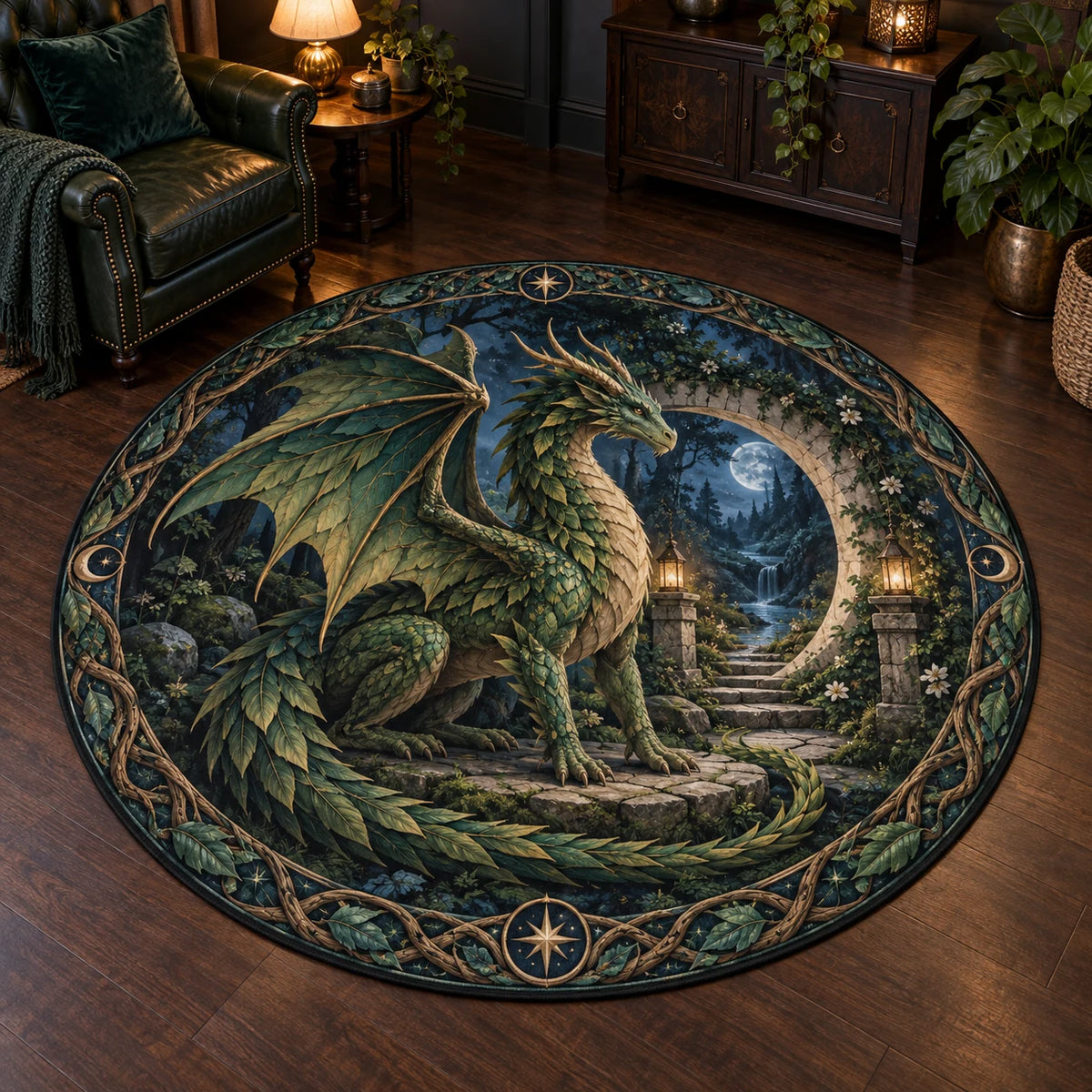 Emerald forest dragon and crescent stone gateway printed on a round mat rug with a matching leafy border.