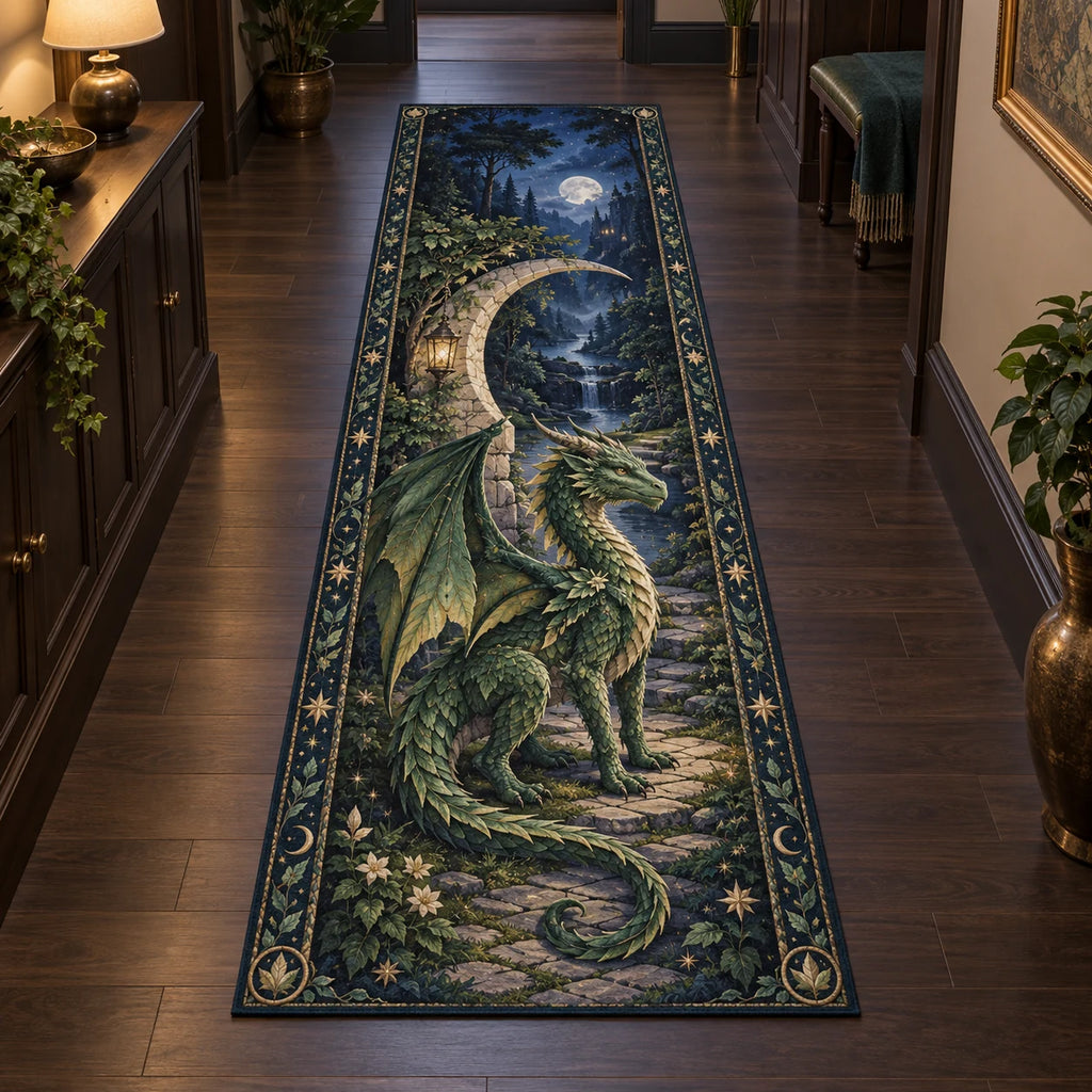 Emerald forest dragon and crescent stone gateway printed on a runner rug with a matching leafy border.