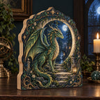 Three-layer wooden block with an emerald dragon, moon gate, lantern steps and printed leafy star frame.