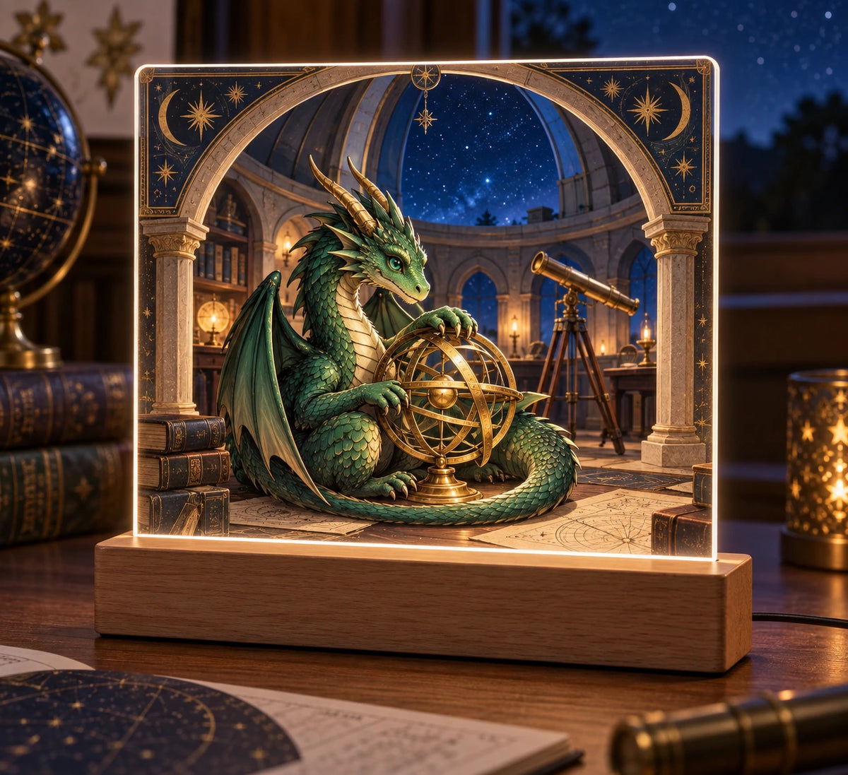 Forest Dragon Observatory Acrylic Night Light with flat printed forest dragon and star observatory scene