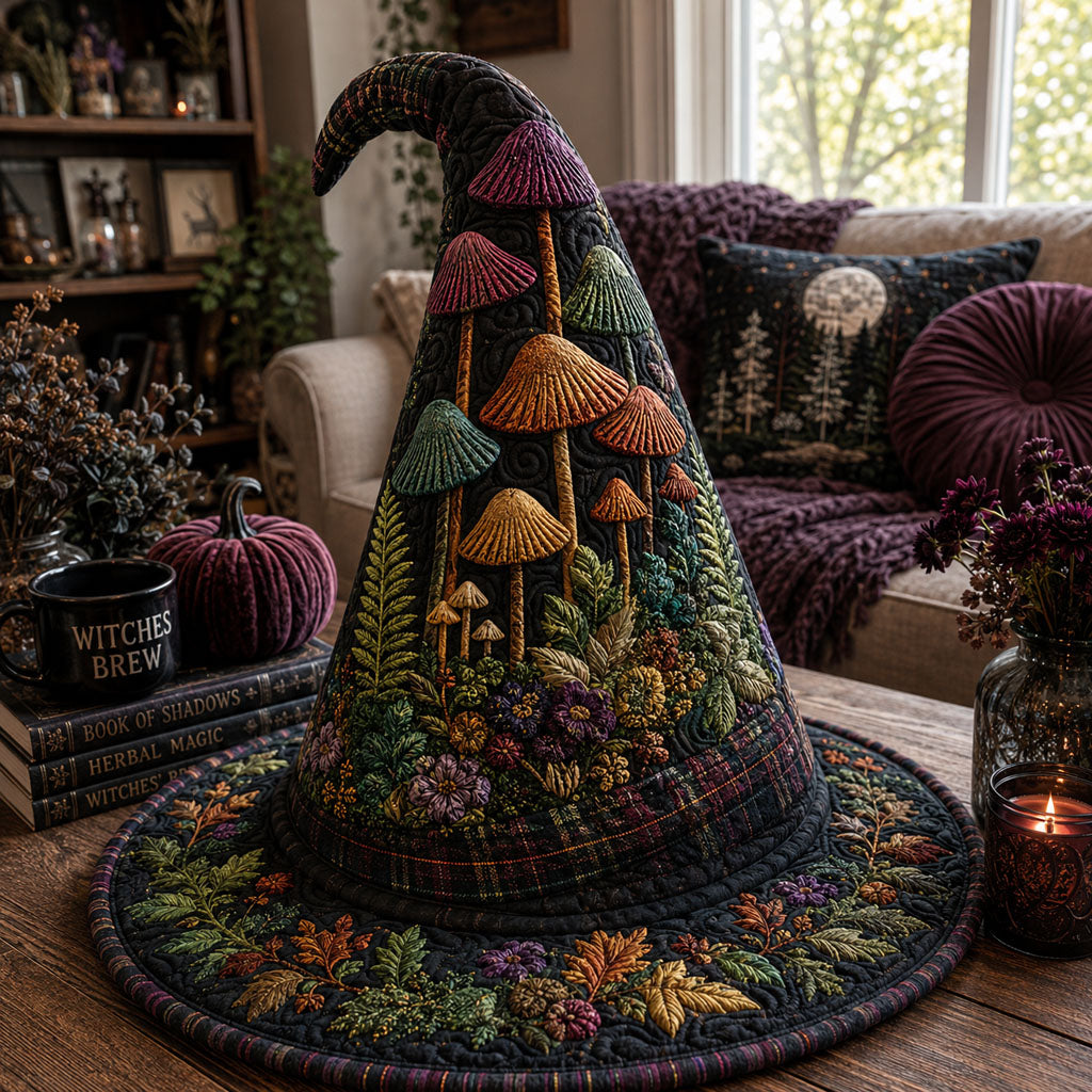 Forest Forager quilted witch hat, all-over print on cone and brim