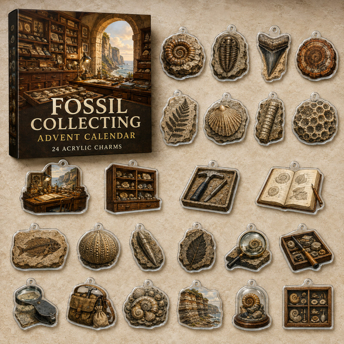 Fossil Collecting advent calendar box with 24 different printed acrylic charms