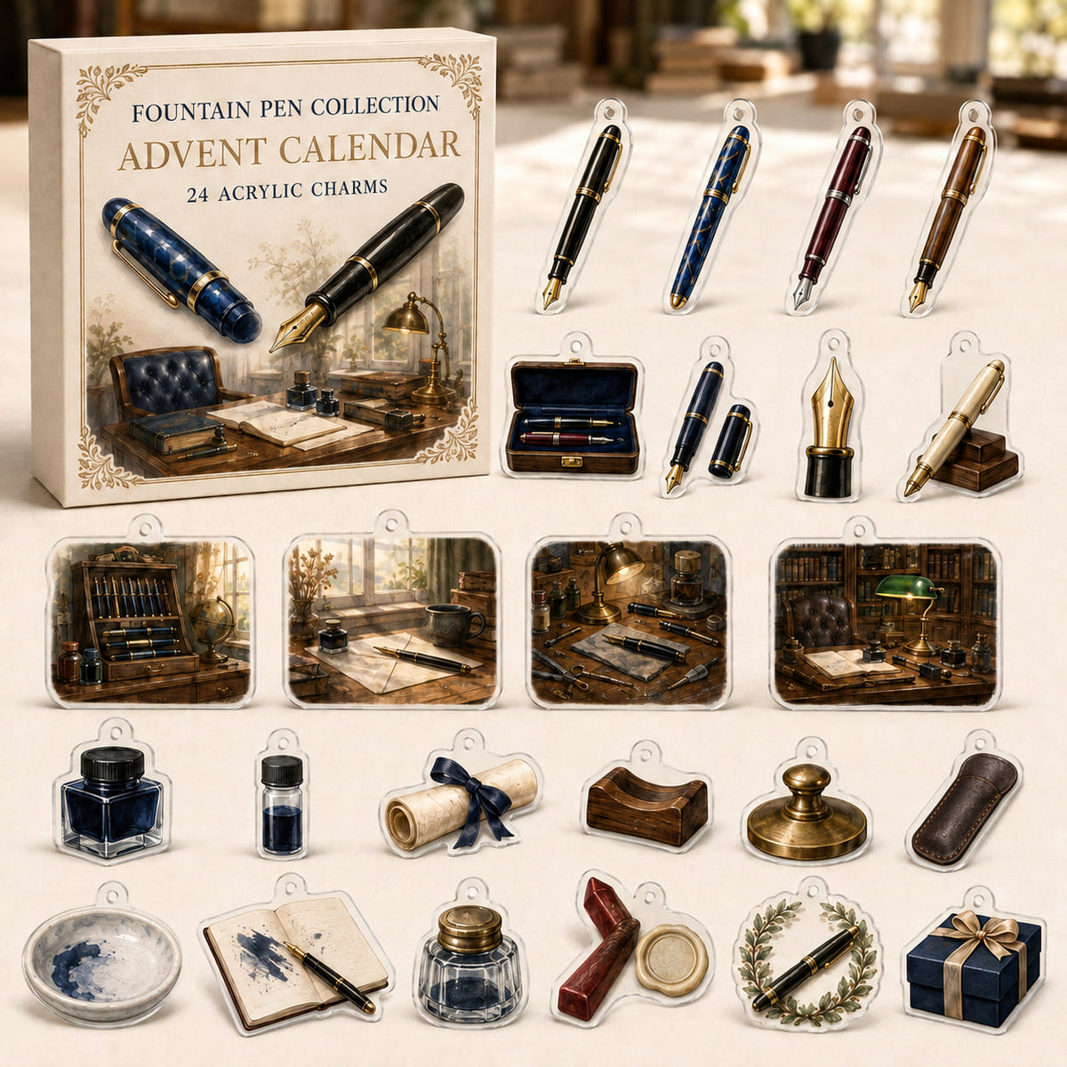 Fountain Pen Collecting advent calendar box with 24 printed acrylic collectible motifs