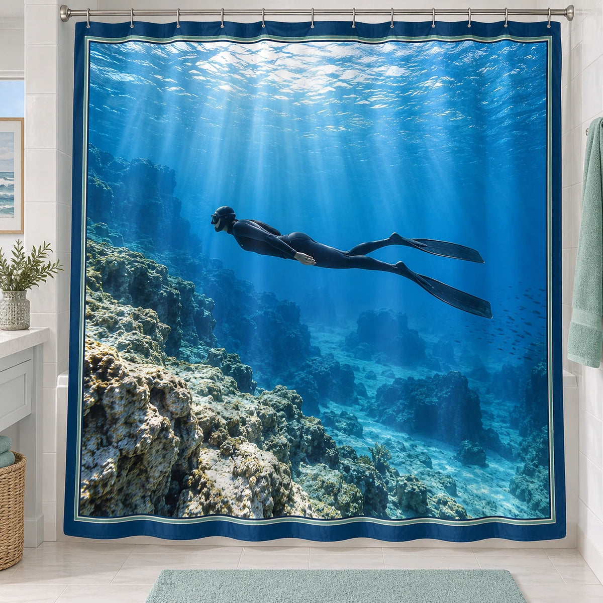 Freediving Blue Water Shower Curtain with original printed optical 3D artwork
