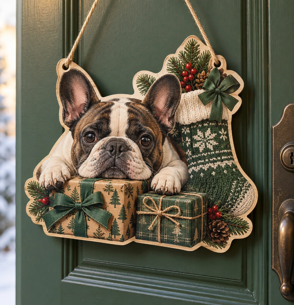 French Bulldog Holiday Stocking Custom Shape Door Hanger with printed dimensional artwork