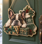 French Bulldog Holiday Stocking Custom Shape Door Hanger with printed dimensional artwork