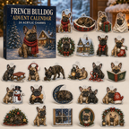 French Bulldog advent calendar box with full set of 24 illustrated acrylic charms on a warm ivory tabletop