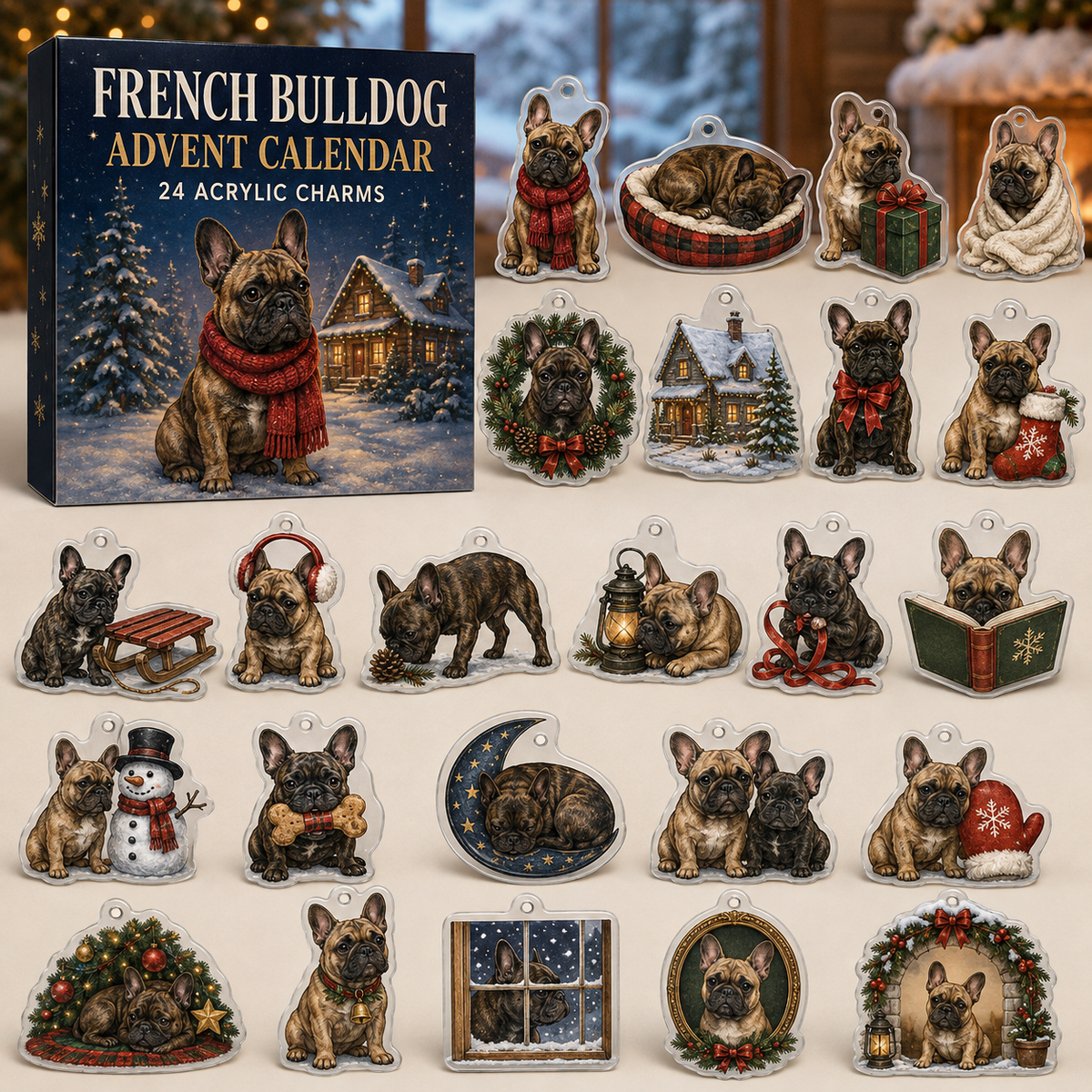French Bulldog advent calendar box with full set of 24 illustrated acrylic charms on a warm ivory tabletop