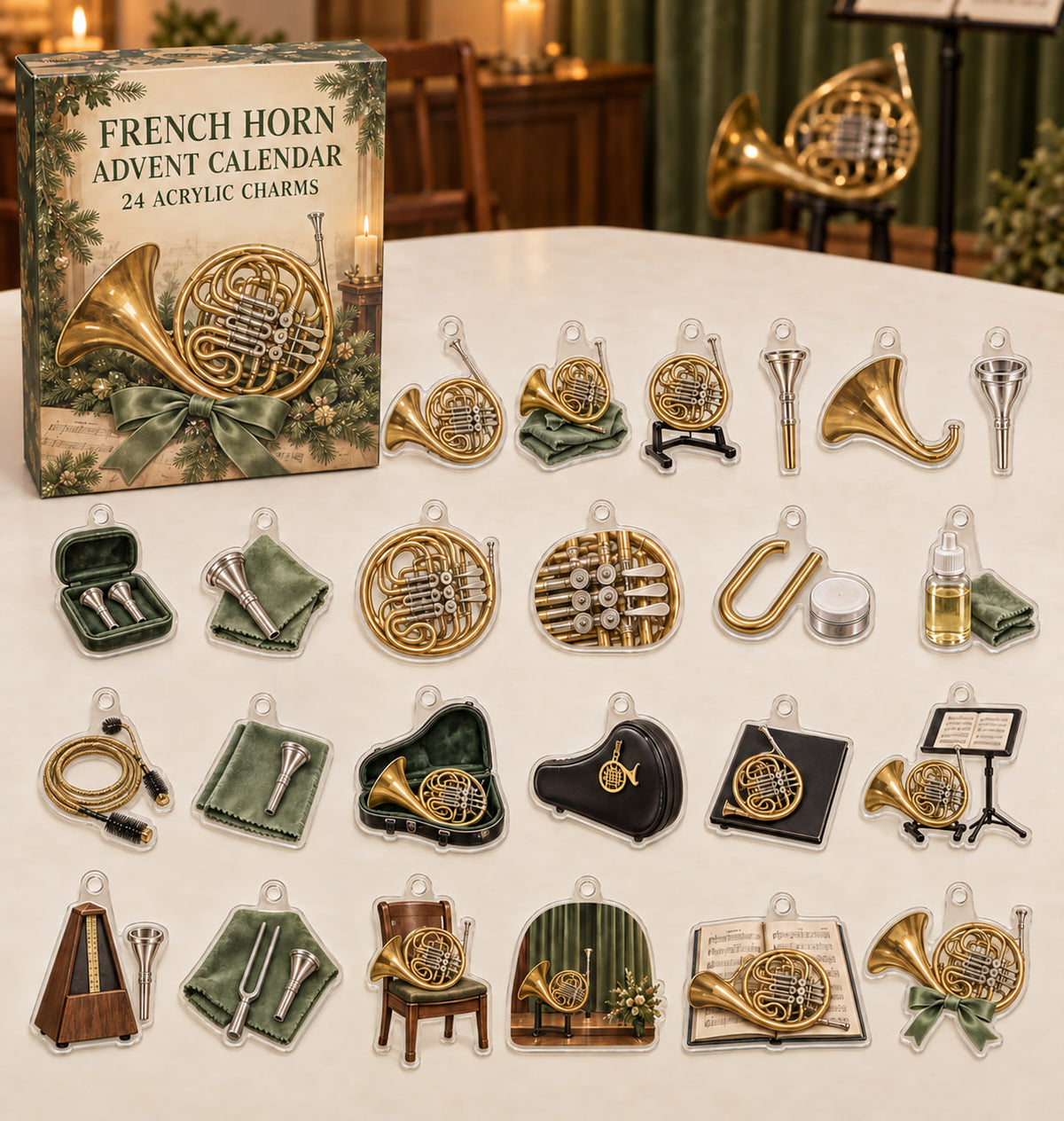French Horn advent calendar with 24 custom-shaped flat acrylic charms and printed dimensional artwork