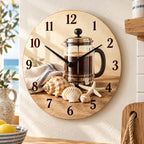 French Press Coastal Morning Wooden Wall Clock with printed dimensional coffee artwork