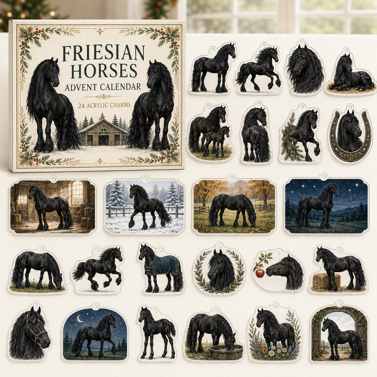 Friesian Horse advent calendar box with 24 separate printed acrylic horse charms