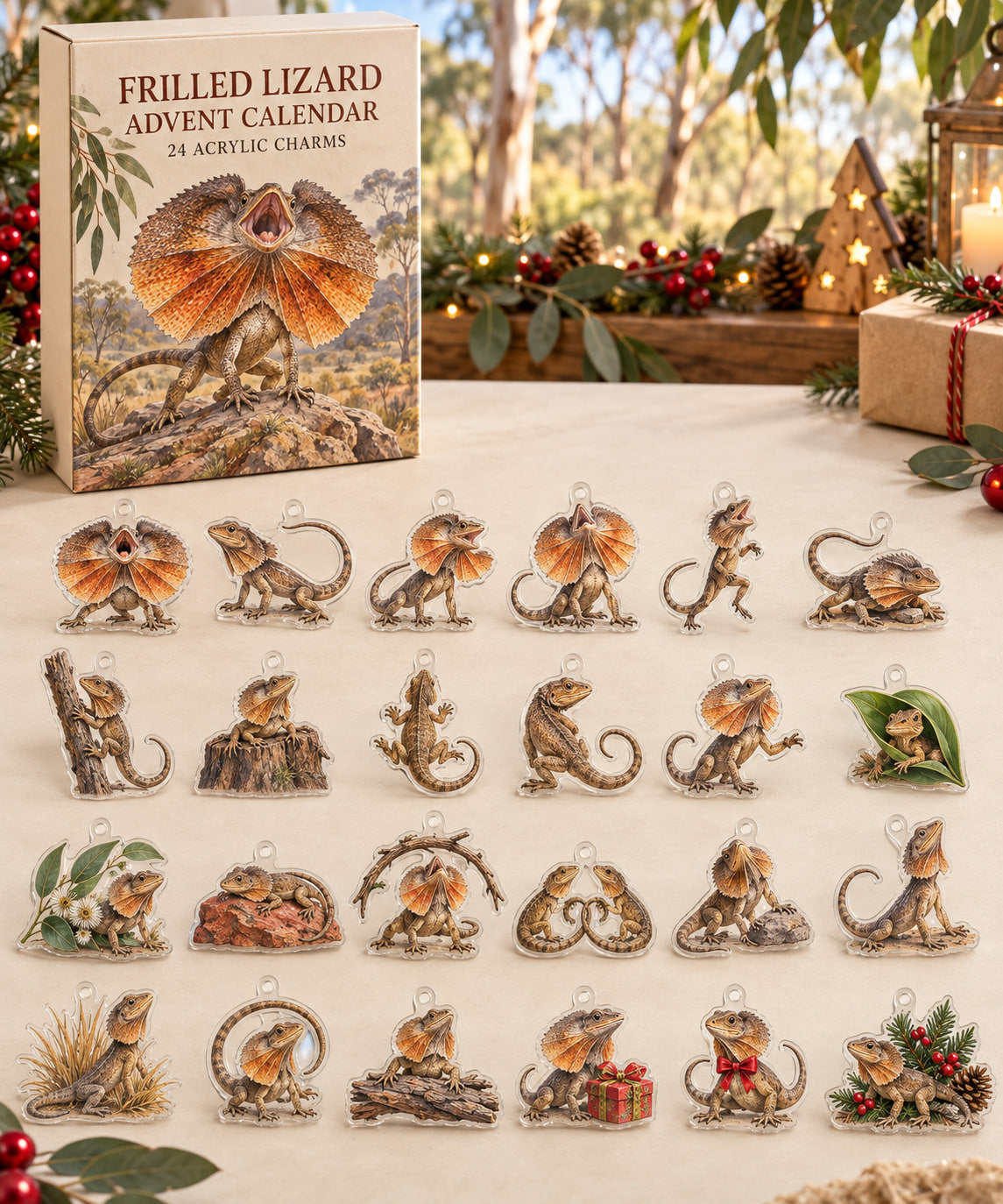 Frilled Lizard advent calendar with 24 custom-shaped flat acrylic charms and printed dimensional artwork