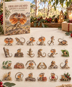 Frilled Lizard advent calendar with 24 custom-shaped flat acrylic charms and printed dimensional artwork