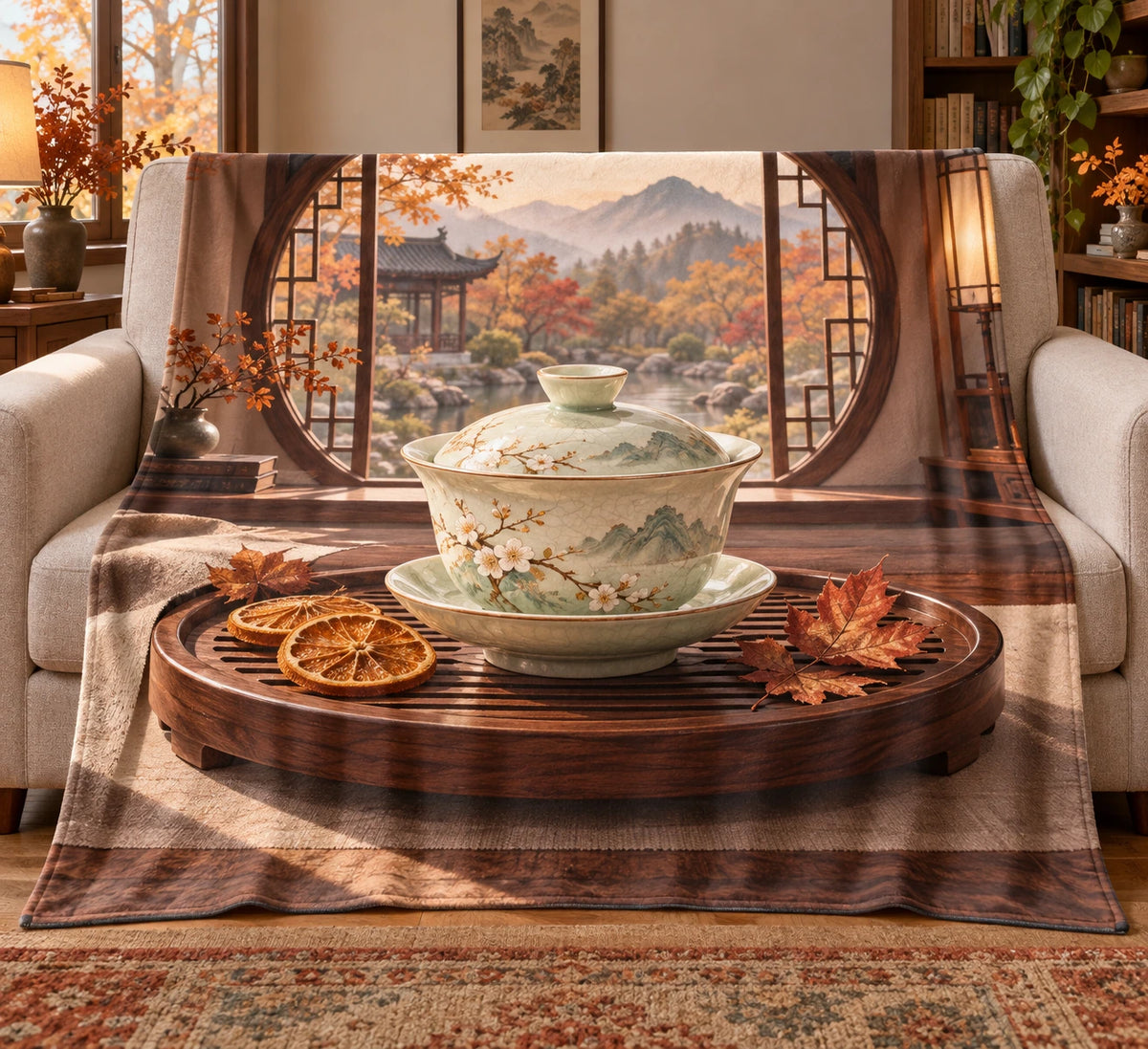 Gaiwan Autumn Tray Fleece Blanket with flat printed gaiwan tea tray and autumn garden depth