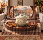 Gaiwan Autumn Tray Fleece Blanket with flat printed gaiwan tea tray and autumn garden depth
