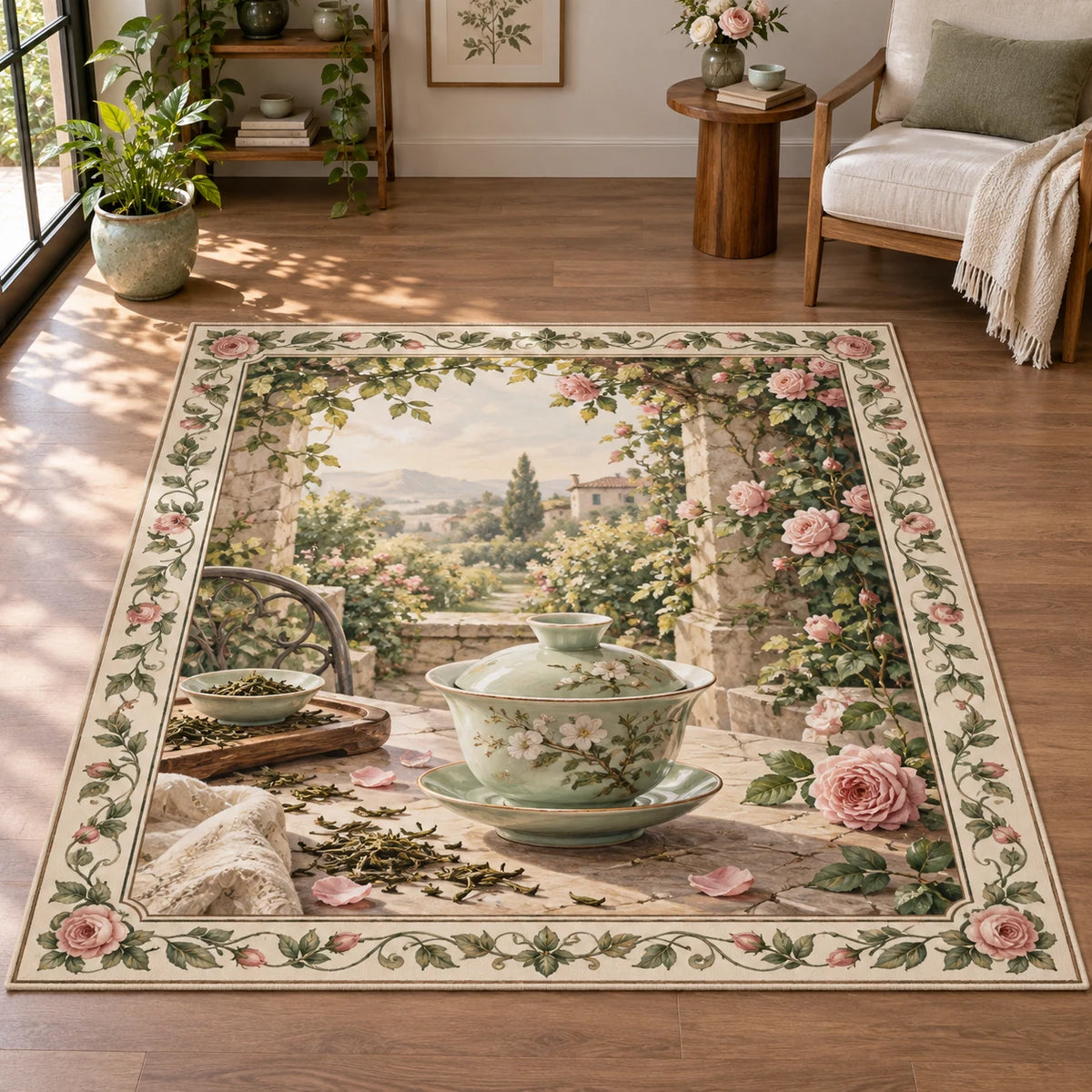 All rectangular corners visible with a rose border and distant garden landscape. Celadon gaiwan and rose garden printed 3D artwork.