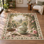 All rectangular corners visible with a rose border and distant garden landscape. Celadon gaiwan and rose garden printed 3D artwork.