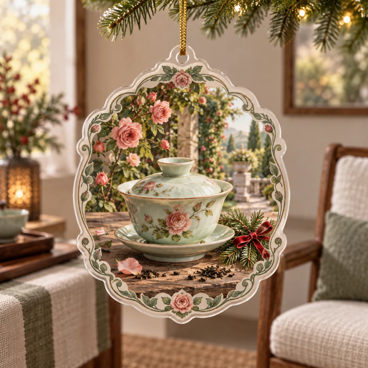 Supported gold cord, thin clear rim and opaque rose garden print with a small red bow. Celadon gaiwan and rose garden printed 3D artwork.