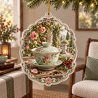 Supported gold cord, thin clear rim and opaque rose garden print with a small red bow. Celadon gaiwan and rose garden printed 3D artwork.