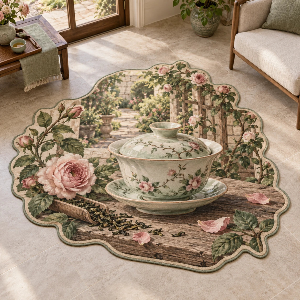 Complete scalloped outline with sage binding and foreground tea scoop. Celadon gaiwan and rose garden printed 3D artwork.