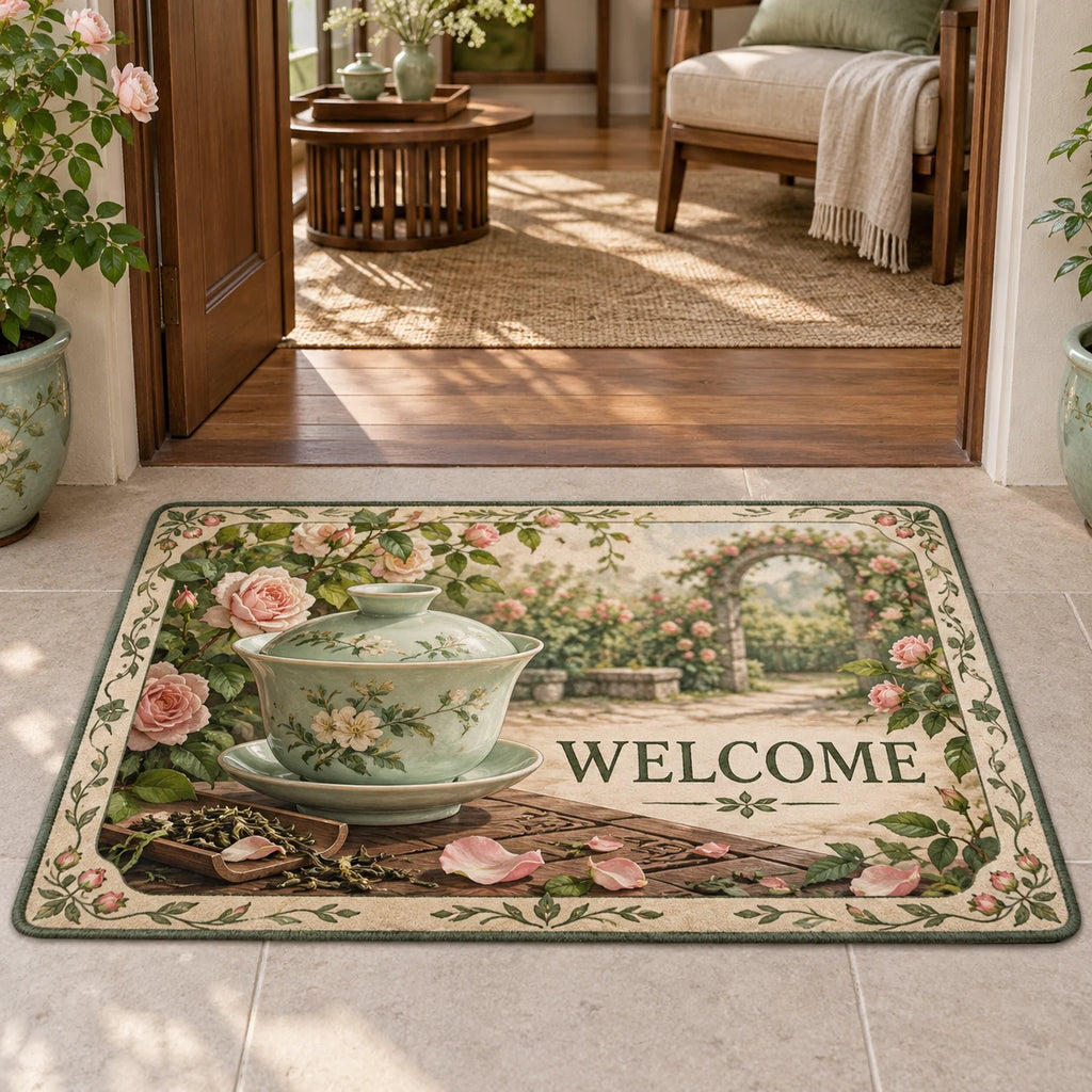 Correct WELCOME lettering to the right of a handleless gaiwan; whole mat visible. Celadon gaiwan and rose garden printed 3D artwork.