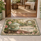 Correct WELCOME lettering to the right of a handleless gaiwan; whole mat visible. Celadon gaiwan and rose garden printed 3D artwork.