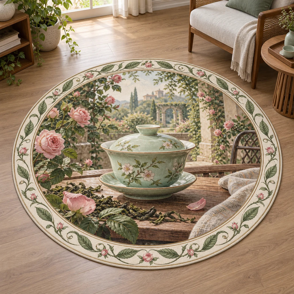 Complete round outline with botanical ring and central lidded bowl. Celadon gaiwan and rose garden printed 3D artwork.